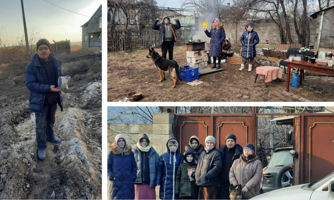 Clockwise from left: Bro. Ivanov holding a remnant of a bombshell; Families in Mariupol; Family cooking over open fire in Mariupol.