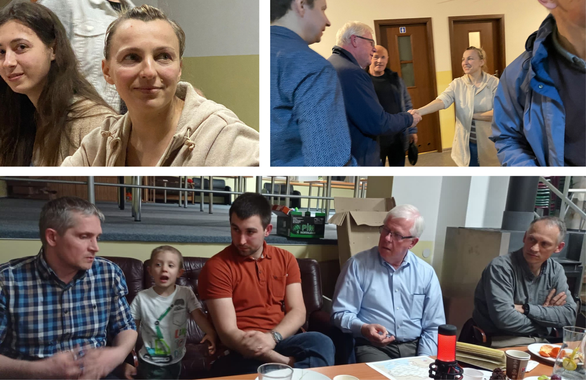 Clockwise from top left: Sis. Luda, a Believer Refugee; Bro. Barry meeting Sis. Luda for an interview; Strategy meeting with Polish and Ukrainian brothers.